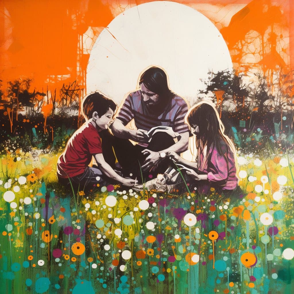 A stylized digital illustration depicts a family of three sitting in a vibrant, abstract field of colorful dots and flowers. The scene features a man and two children reading a book together, set against a bright orange sky with a large white sun.