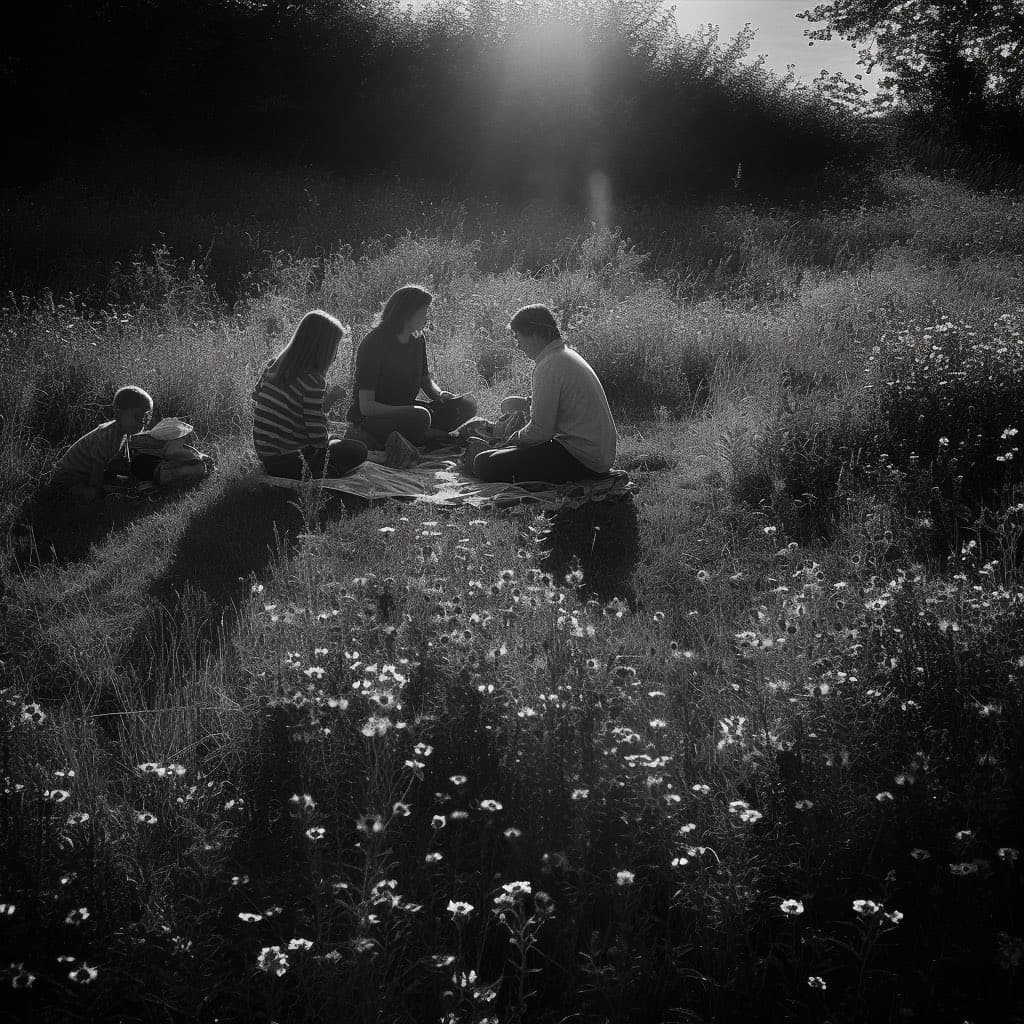 A black-and-white photograph showing a group of four people sitting on a blanket in a grassy field filled with wildflowers. The scene is backlit by bright sunlight filtering through trees in the background, creating a high-contrast, atmospheric look.