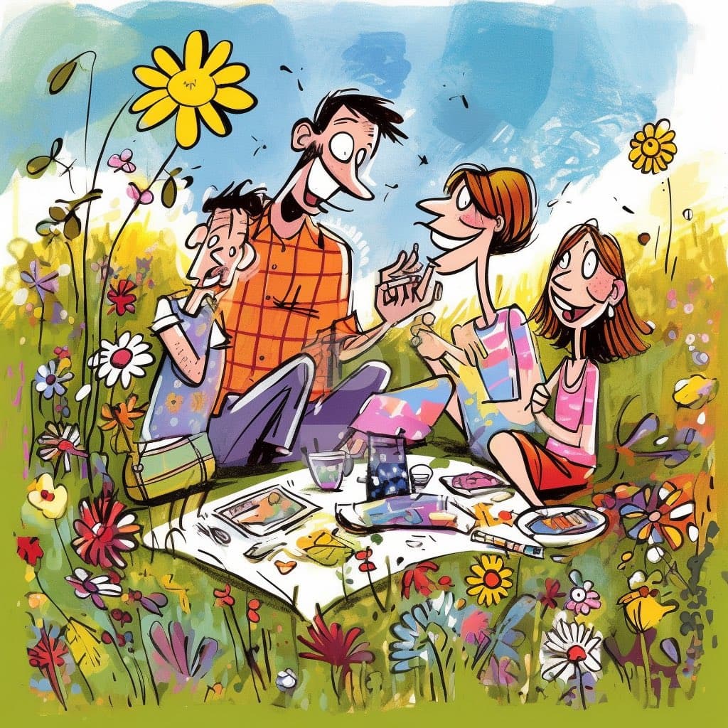A colorful, cartoon-style illustration of four people sitting on a picnic blanket in a field of flowers, appearing to chat and enjoy a meal together.