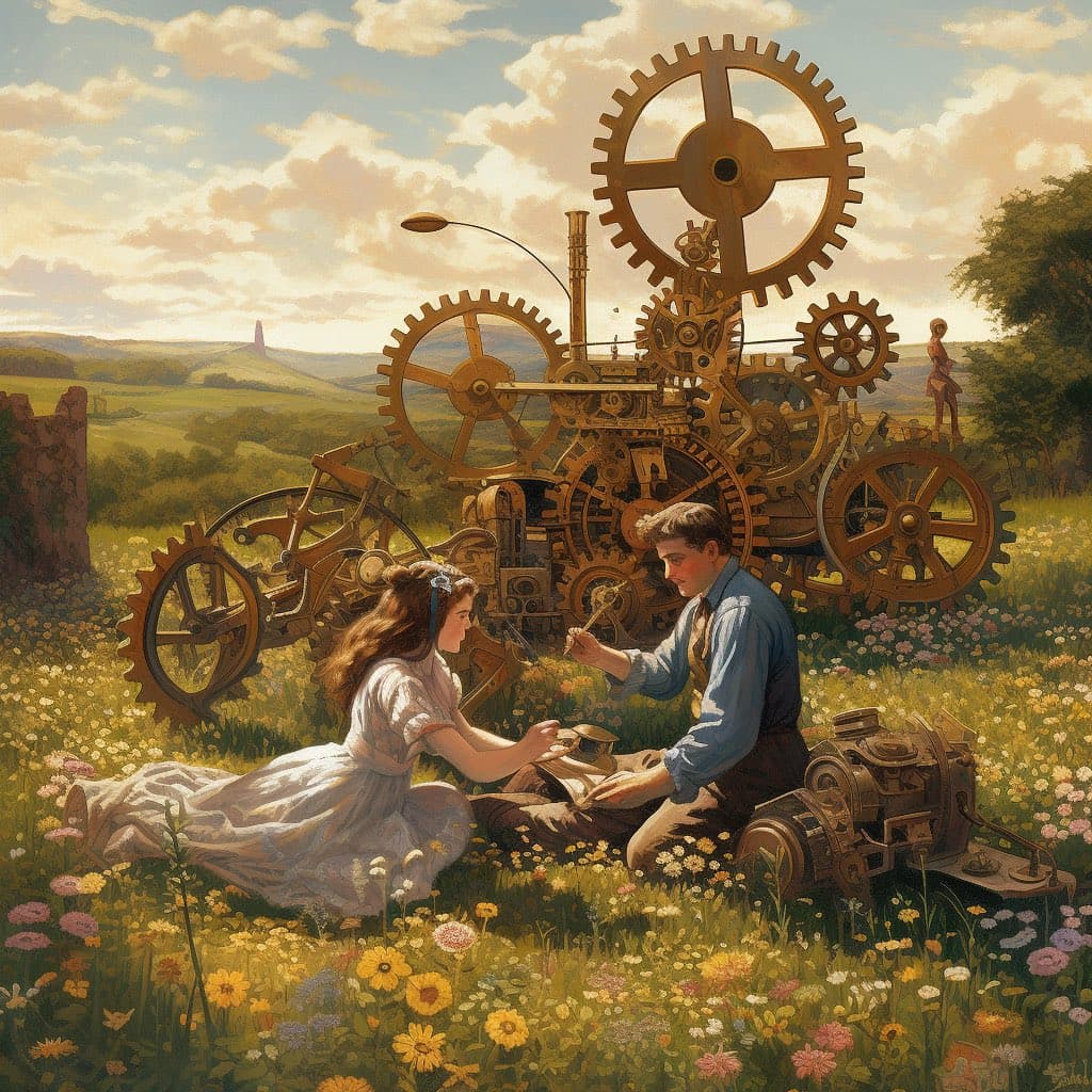 A digital painting in a steampunk style depicts a man and a woman sitting in a field of wildflowers, working on a large, intricate machine made of brass gears and mechanical parts. The scene is set in a rolling landscape under a cloudy sky, with a small figure standing atop the machinery in the background.