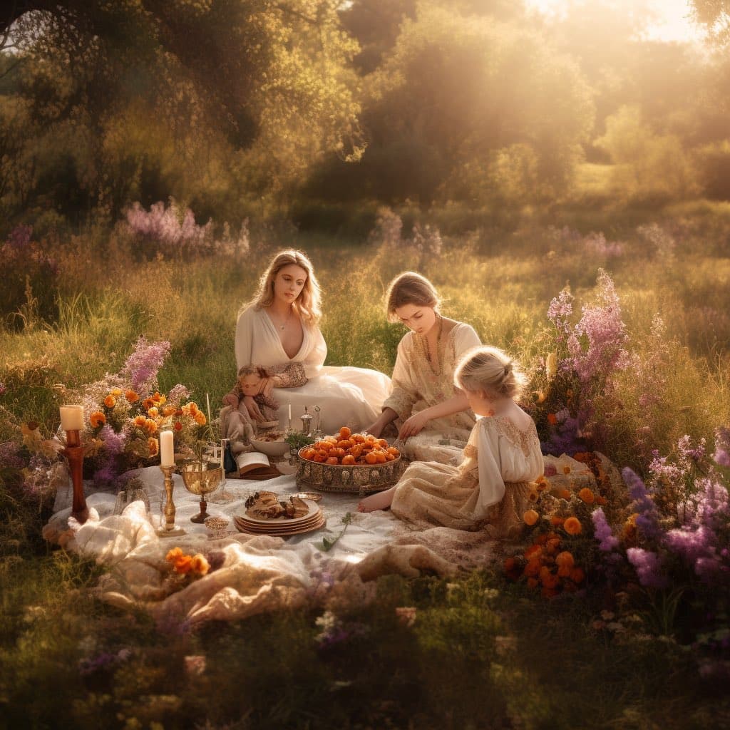 A digital painting depicting three women and a child in flowing, light-colored dresses having a picnic in a sunlit meadow filled with wildflowers. They are seated on a white cloth surrounded by candles, a bowl of oranges, and plates of food, with a forest in the background.