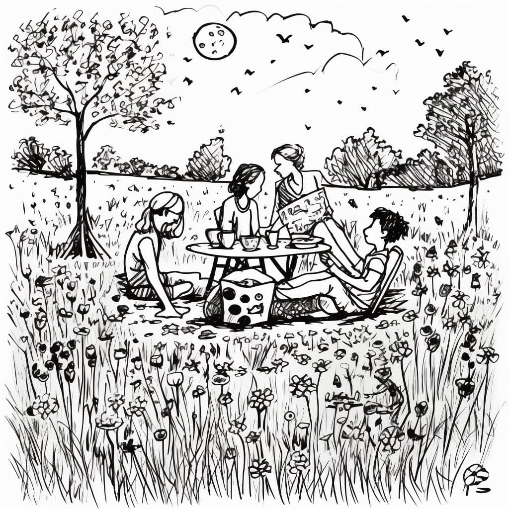 A black-and-white line drawing depicts a group of four people enjoying a picnic in a grassy field filled with wildflowers. They are seated around a small table with cups and a bag, with trees and a cloudy sky in the background.