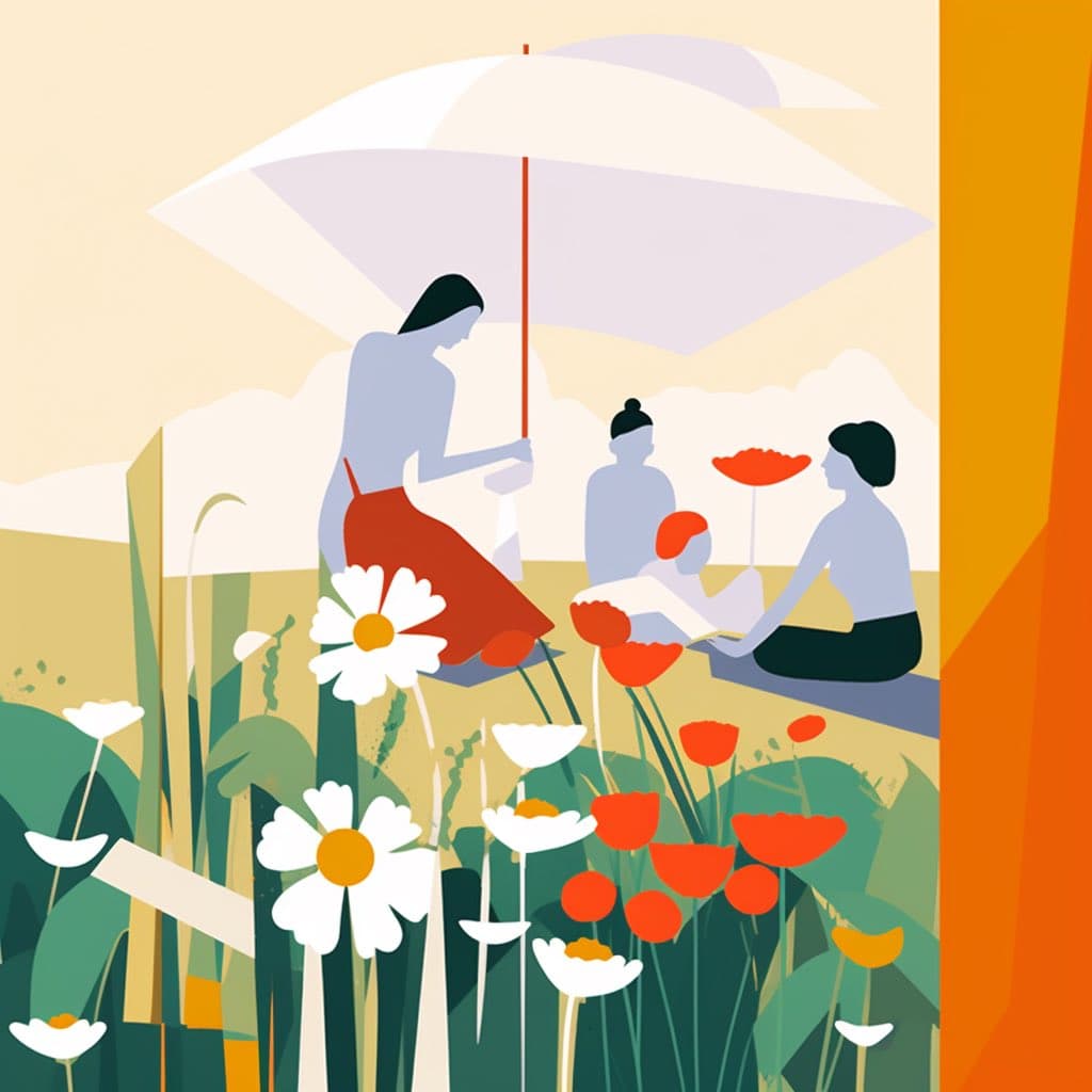 A flat-style digital illustration depicts a family of four relaxing in a field of tall grass and flowers. A woman holds a large white umbrella over the group, which includes a man, a child, and a baby, while they sit among white daisies and red poppies.