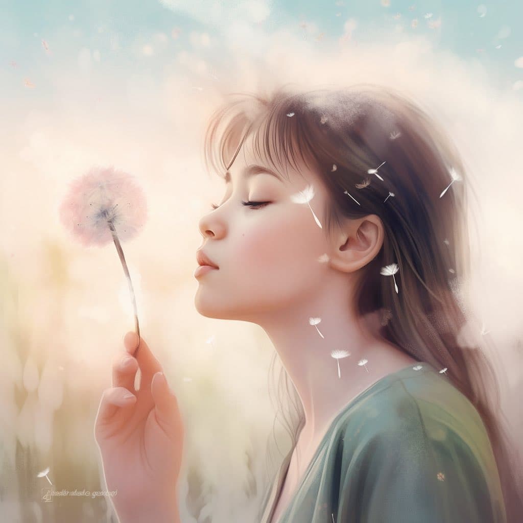 A soft, dreamy digital illustration of a young woman with her eyes closed, gently blowing on a dandelion so its seeds float into the air. The scene is bathed in warm, ethereal light with a blurred, pastel-colored background.
