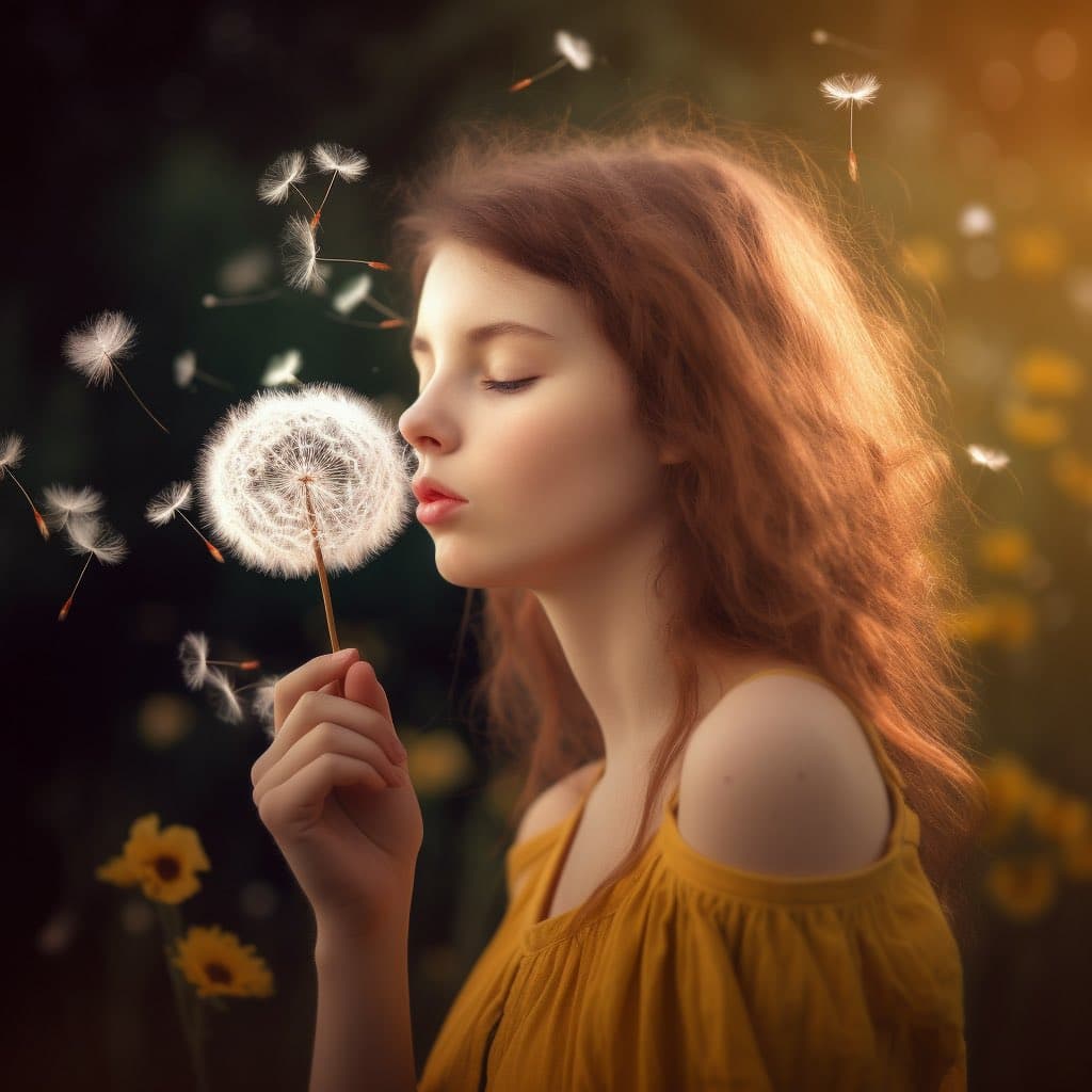 A portrait of a young woman with long, wavy reddish-brown hair, wearing a yellow top, gently blowing on a dandelion so its seeds float away. The background is softly blurred with warm, golden lighting and hints of yellow flowers.