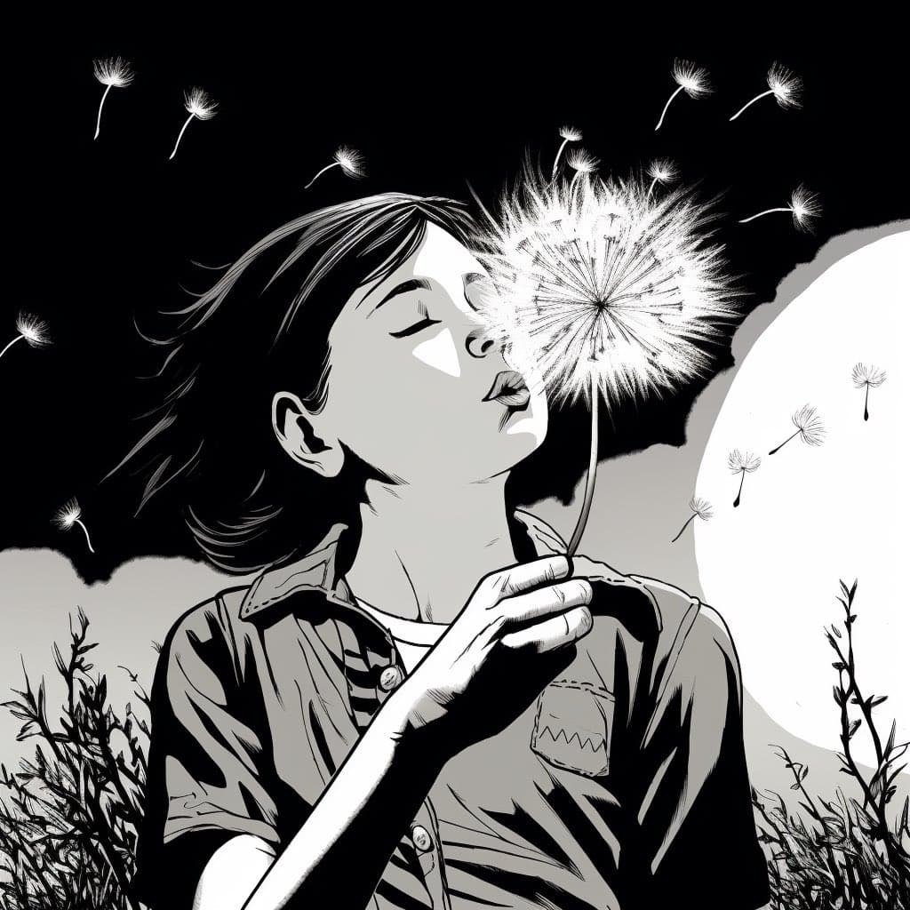 A black-and-white illustration of a person with their eyes closed, blowing on a dandelion. The seeds are shown floating away into a dark sky, with a large, bright moon visible in the background.