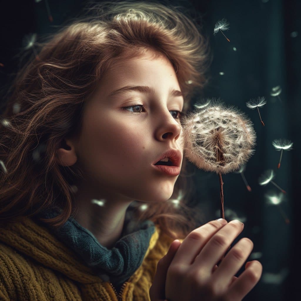 A close-up portrait of a young person with light brown hair blowing on a dandelion, with seeds floating in the air against a dark background. The person is wearing a yellow knit sweater and a blue scarf.