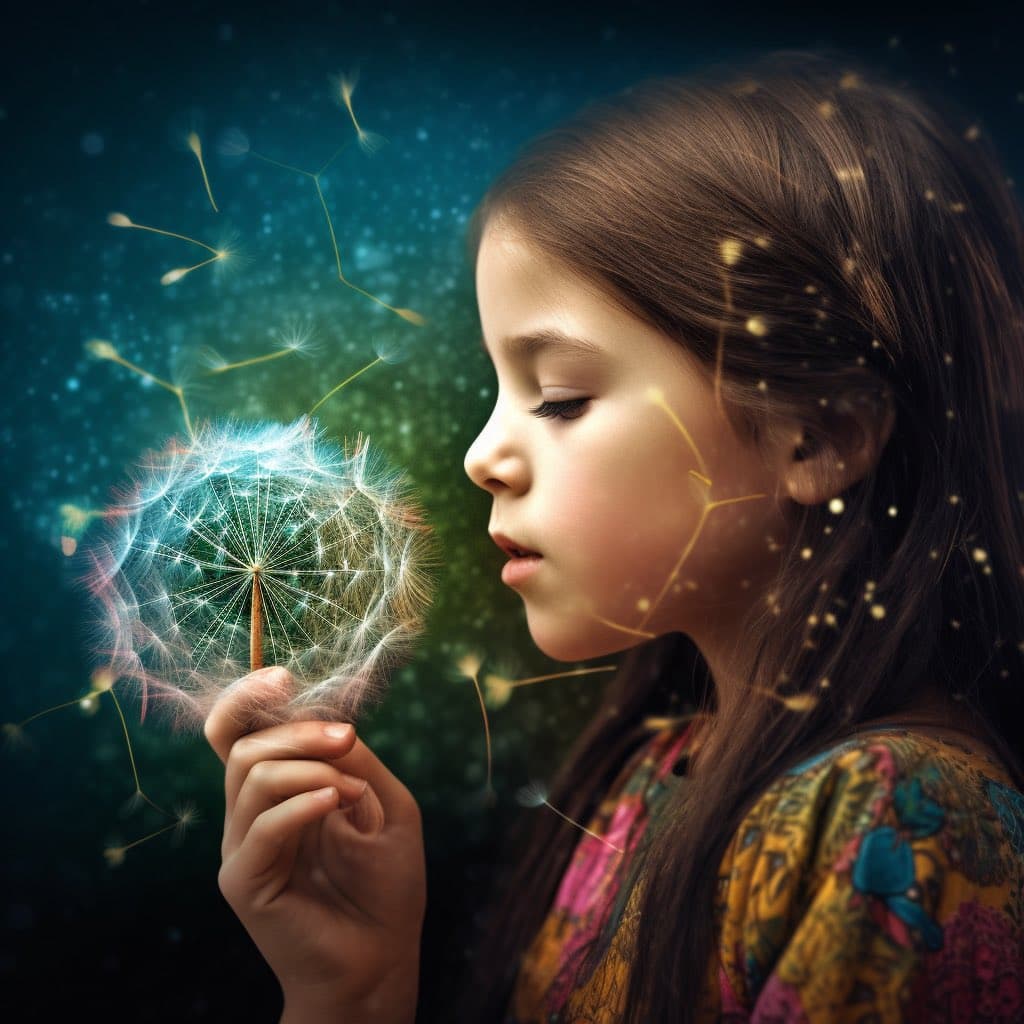 A digital illustration of a young girl with long brown hair blowing on a dandelion, with its seeds floating away into a dark, starry background. The image has a dreamy, ethereal quality with soft lighting and glowing particles.