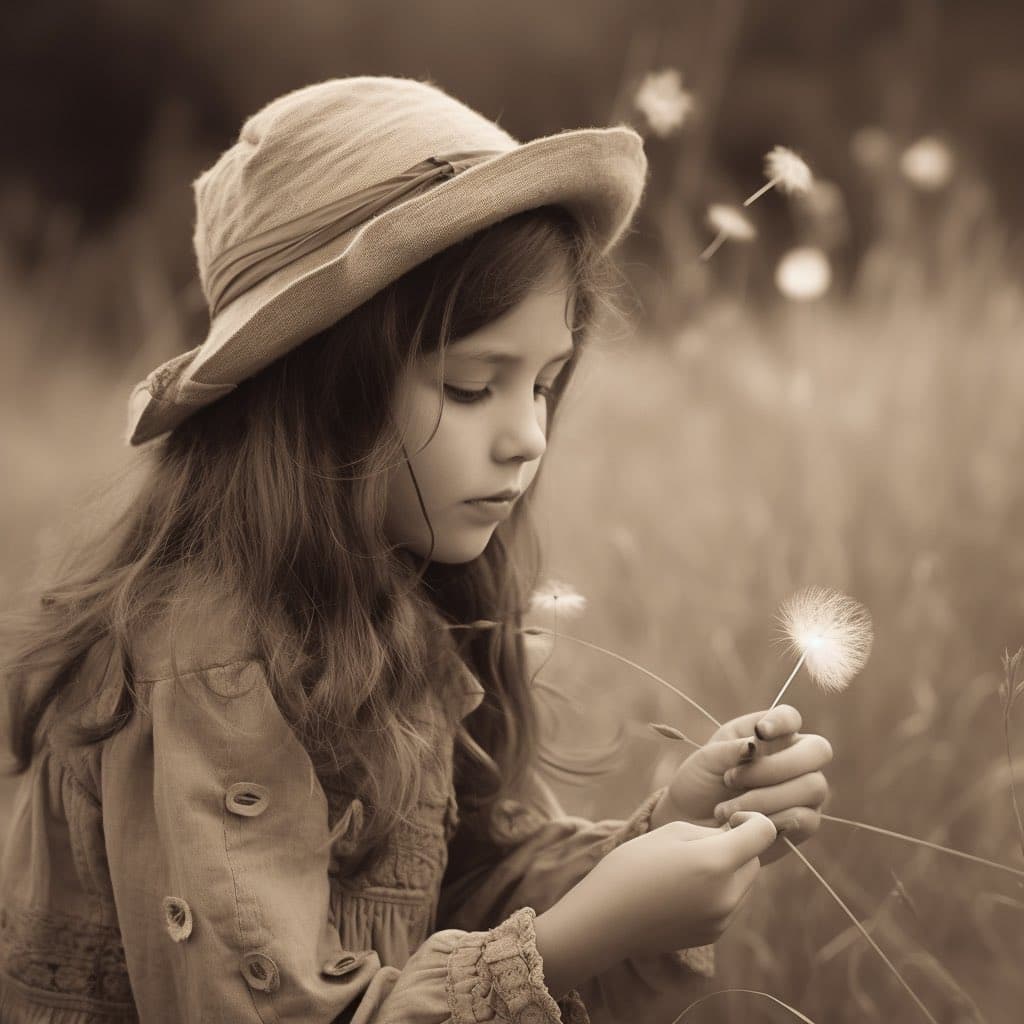 A sepia-toned photograph of a young girl wearing a wide-brimmed hat, looking down at a dandelion seed head she is holding in her hands. The background is a soft-focus field of grass and other dandelions.