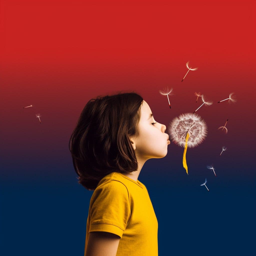 A young child in a yellow shirt is shown in profile against a red-to-blue gradient background, blowing the seeds off a dandelion. The dandelion seeds are captured mid-air, drifting away from the flower head.