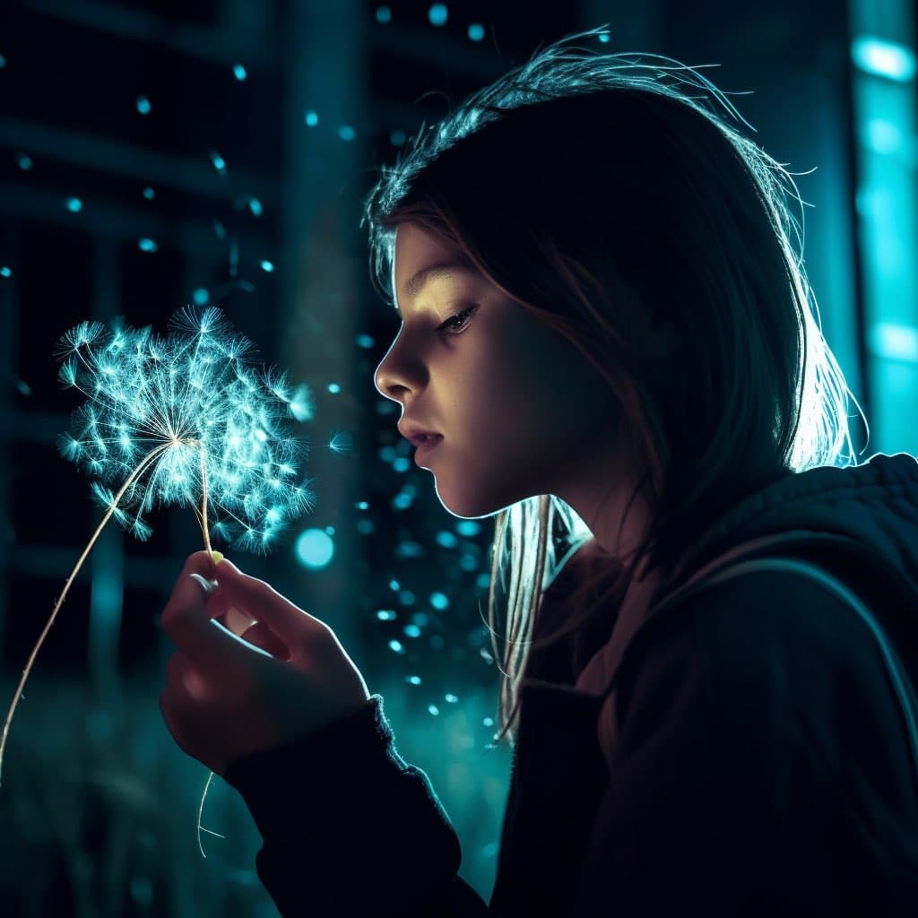 A young girl is shown in profile, gently holding a glowing, luminous dandelion in a dark, atmospheric setting with a cool blue color palette. The image has a dreamlike, ethereal quality, with soft lighting highlighting the girl's face and the delicate, glowing seeds of the flower.