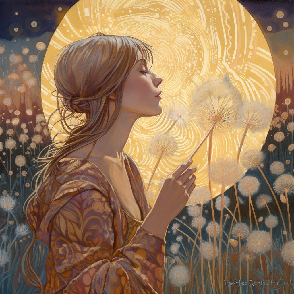 A digital painting depicts a woman in profile with her eyes closed, gently holding a dandelion in a field of dandelions. She is framed by a large, textured golden halo against a dark, starry background.