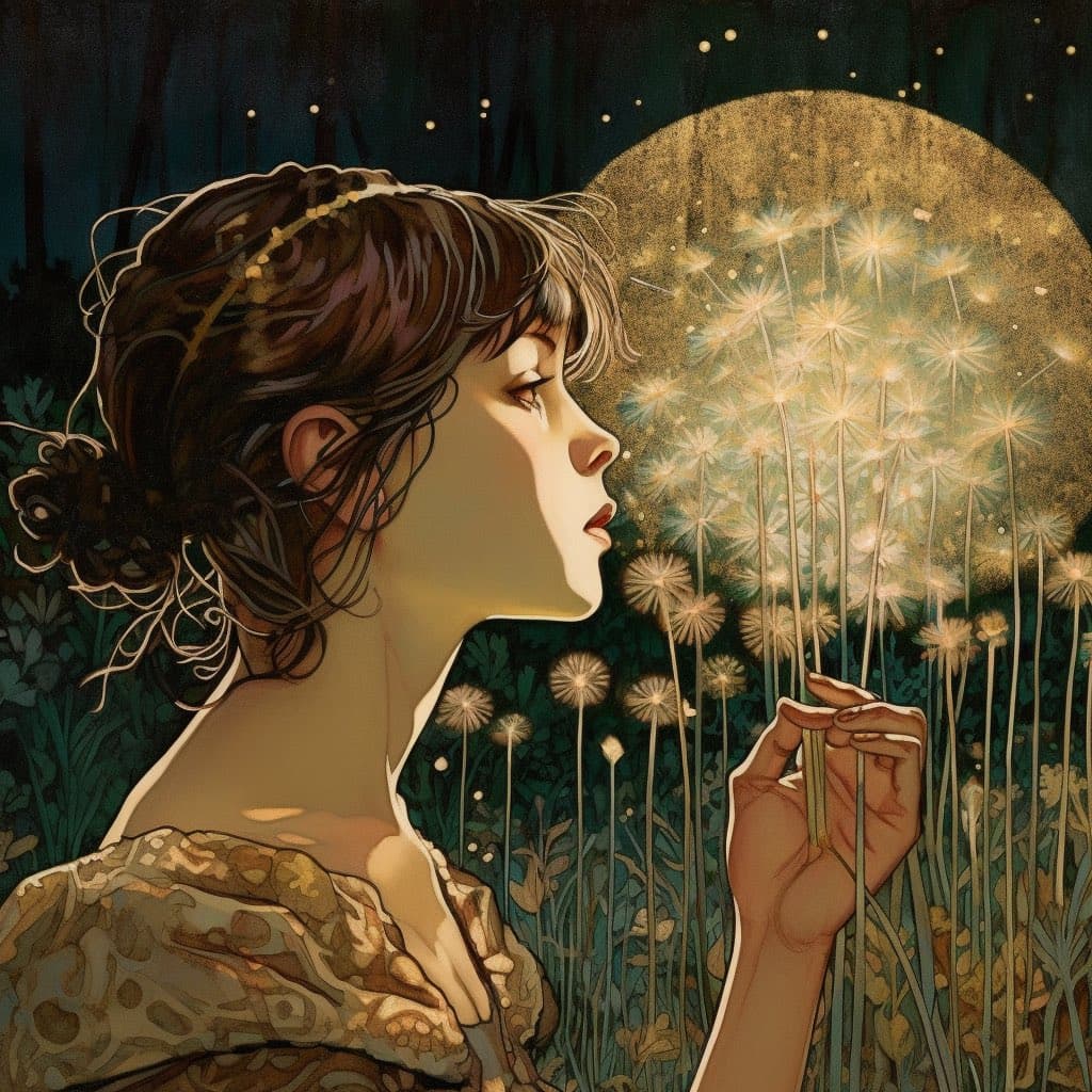 A digital illustration in an Art Nouveau style depicting a woman in profile blowing on a field of glowing dandelions, with a large, textured moon in the background.