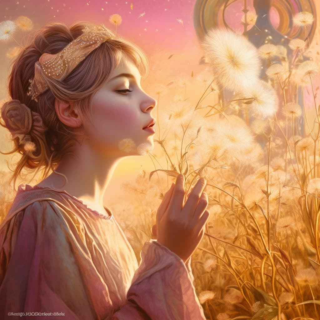 A digital illustration of a young woman with her eyes closed, gently blowing on a field of dandelions in a warm, golden-lit setting. She wears a decorative headband and a soft pink dress, with her hands held near her face as the seeds float away.