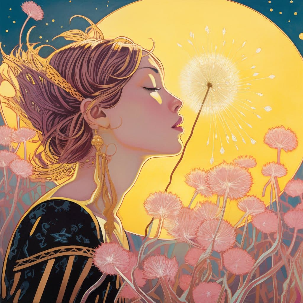 A digital illustration depicting a woman in profile with her eyes closed, blowing the seeds from a dandelion against a large yellow circular background. She is surrounded by a field of pink, dandelion-like flowers and wears ornate gold jewelry and a patterned dark garment.