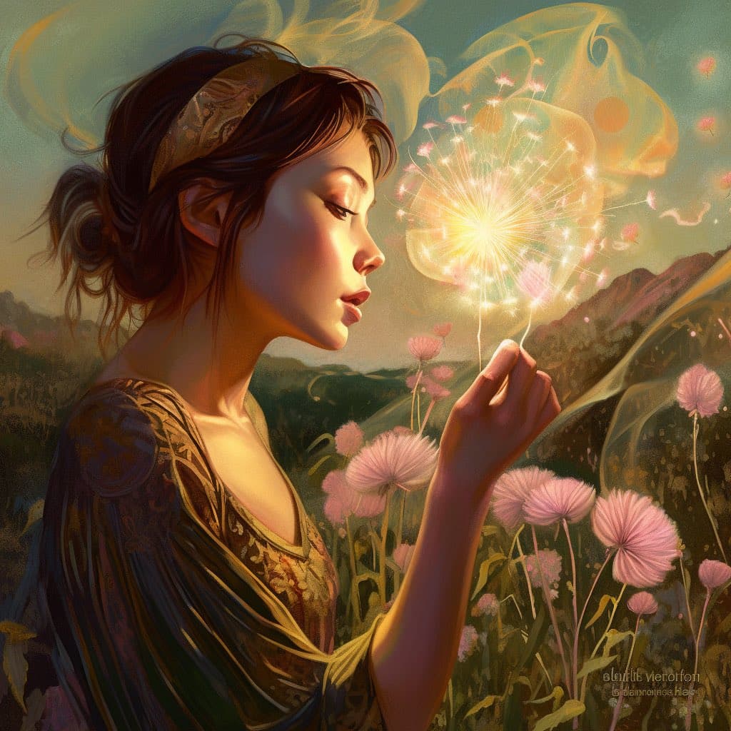 A digital painting depicts a woman in profile, wearing a patterned headband and dress, as she gently blows on a glowing, magical dandelion in a field of pink flowers. The scene is set against a backdrop of rolling hills and a warm, ethereal sky.