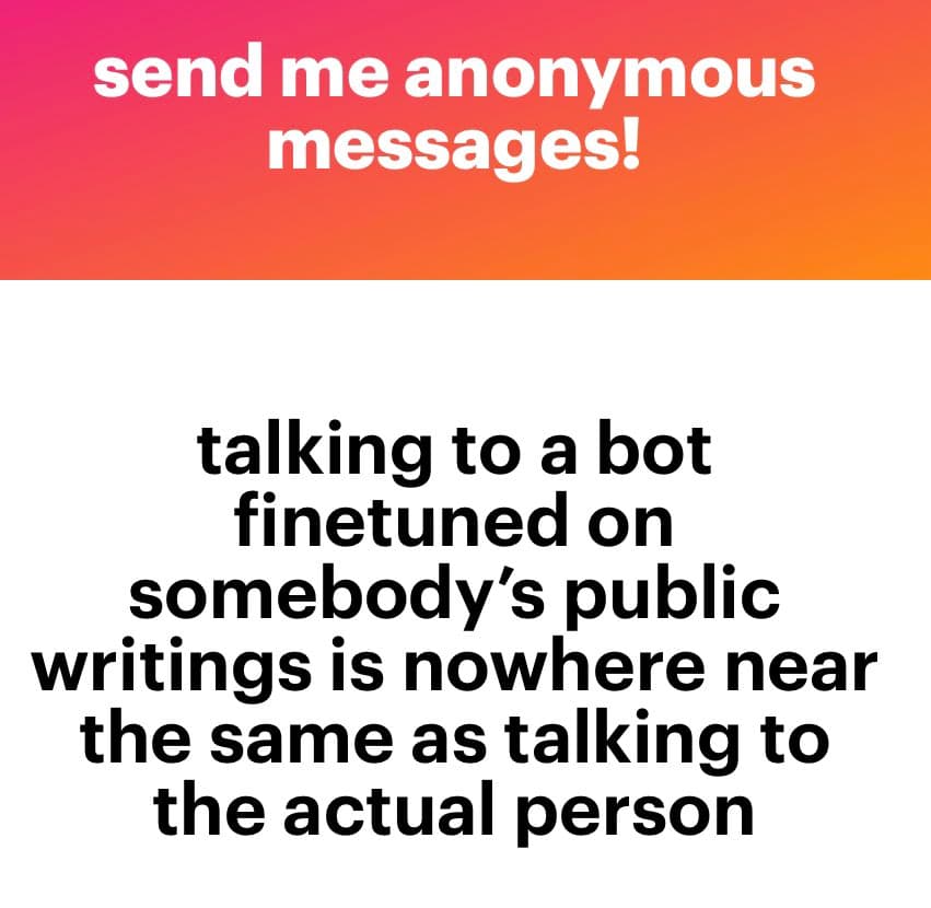 A text-based image with a two-part layout. The top section has a red-to-orange gradient background with white text, while the bottom section has a white background with black text. The image presents a statement about the limitations of AI bots trained on public writings.