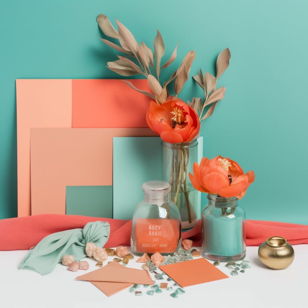 A still-life photograph featuring two glass jars filled with orange and teal wax, a vase with orange flowers and dried leaves, and various decorative items arranged on a white surface against a teal background. The scene includes pastel-colored paper, crystals, and a small gold candle holder.