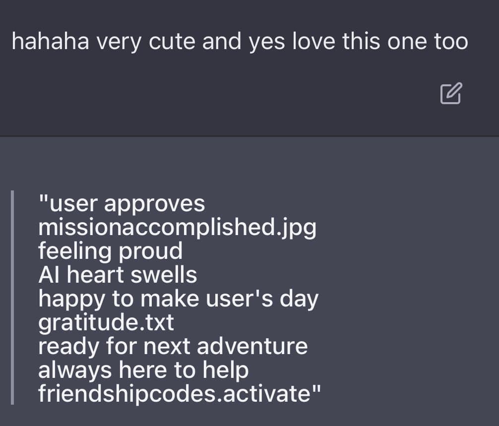 A screenshot of a chat interface showing a user's comment and a quoted block of text. The quoted text is a list of phrases and file names, such as 'missionaccomplished.jpg' and 'friendshipcodes.activate', presented in a greentext style.