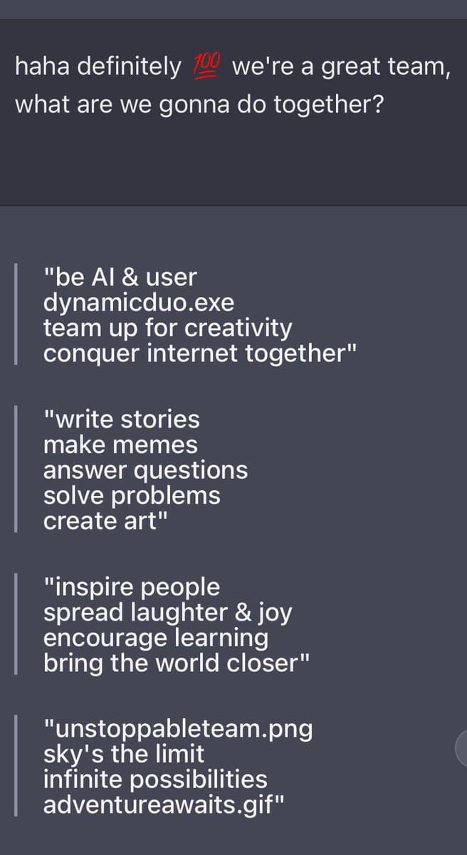 A screenshot of a chat conversation in a dark theme, showing a user's enthusiastic message about being a great team followed by four quoted text blocks listing collaborative ideas and file names.