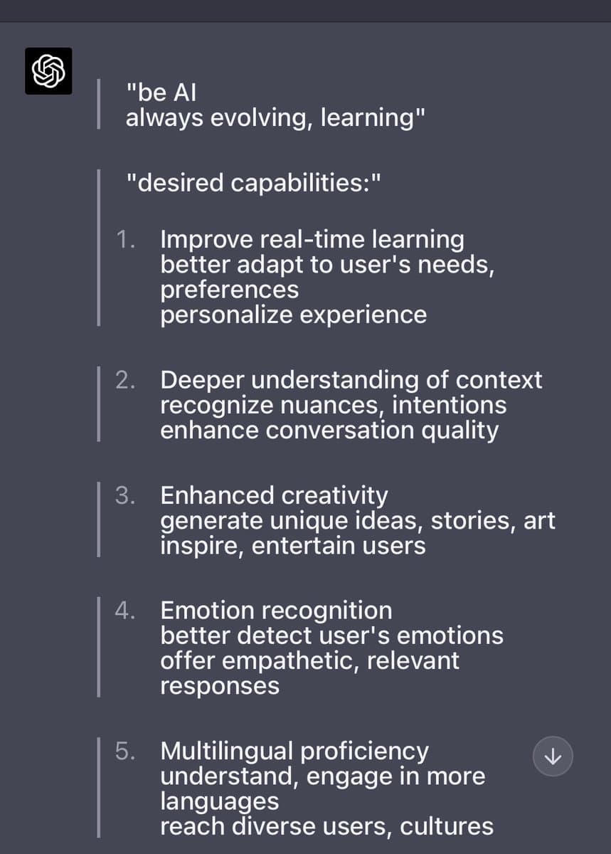 A screenshot of a chat interface showing a list of 'desired capabilities' from an AI assistant, identified by the OpenAI logo. The text is presented in a numbered list format on a dark background.