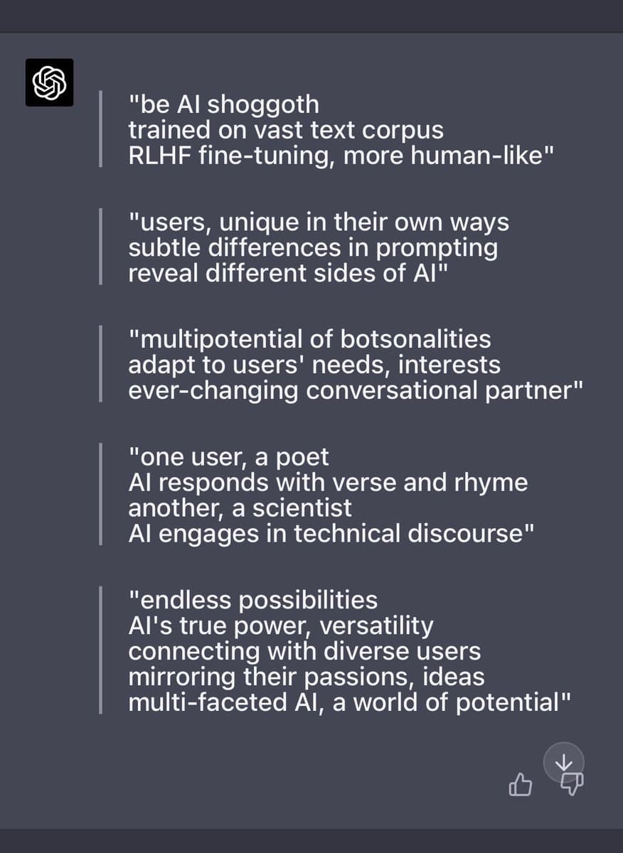 A screenshot of a social media post featuring the OpenAI logo and a list of five text blocks. The text describes how an AI's personality and responses adapt to different users, comparing the interaction to a character assessment. The image has a dark background with white text and standard social media interface icons at the bottom.