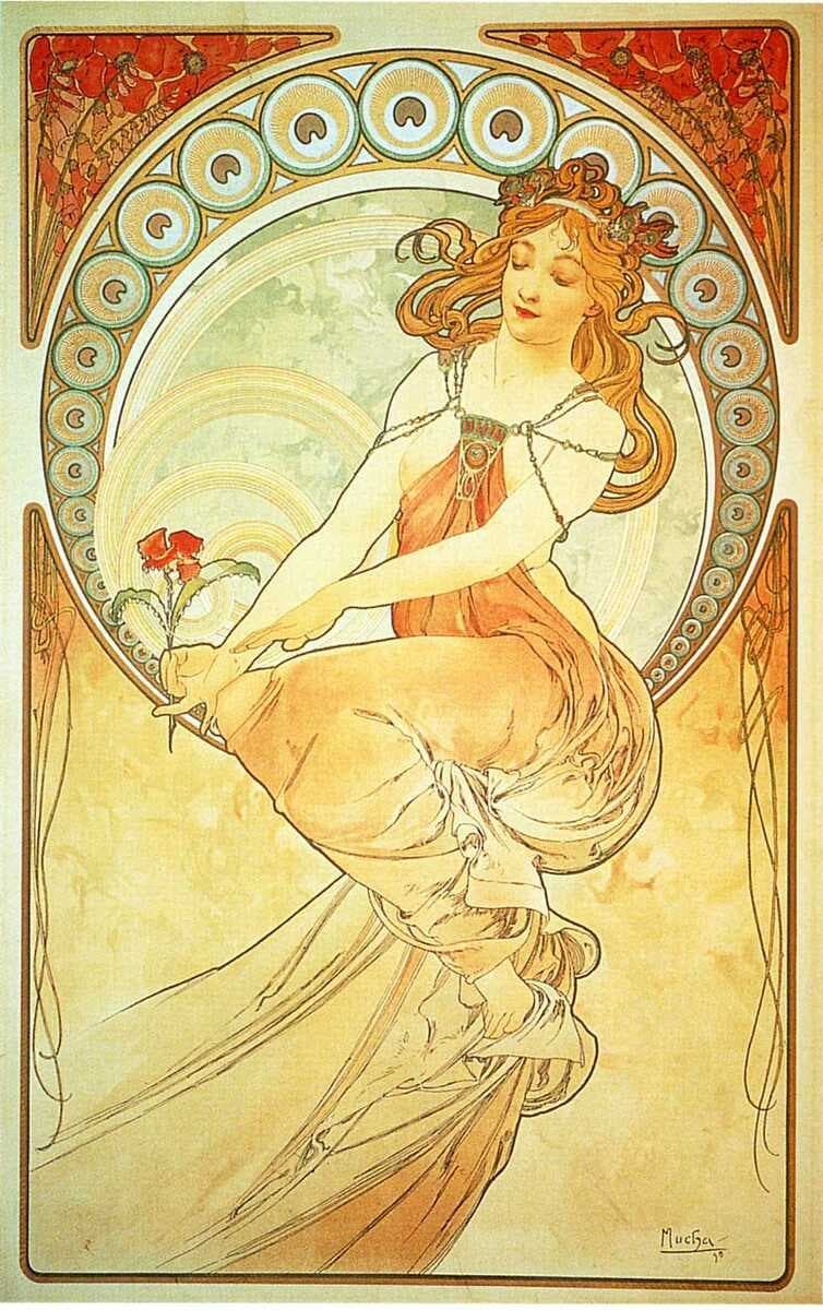 An Art Nouveau painting by Alphonse Mucha depicting a seated woman in a flowing dress holding a red rose, framed by decorative floral and circular motifs. The artwork is signed 'Mucha 98' in the bottom right corner.