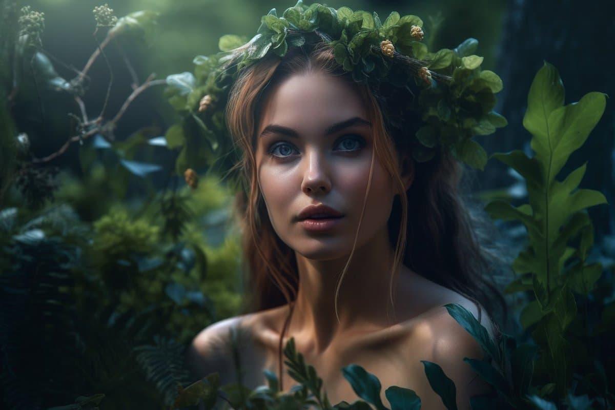 A digital illustration of a woman with long brown hair and blue eyes, wearing a crown of green leaves and small flowers, standing in a lush, sunlit forest setting.