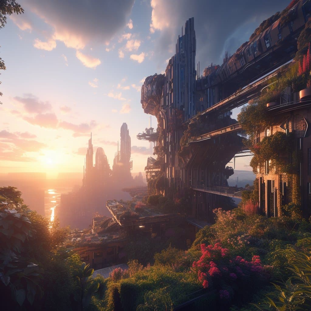 A digital artwork depicting a futuristic, overgrown cityscape at sunrise, with towering structures and elevated train tracks integrated into lush vegetation. The scene is bathed in warm, golden light from the sun on the horizon, creating a serene and advanced atmosphere.