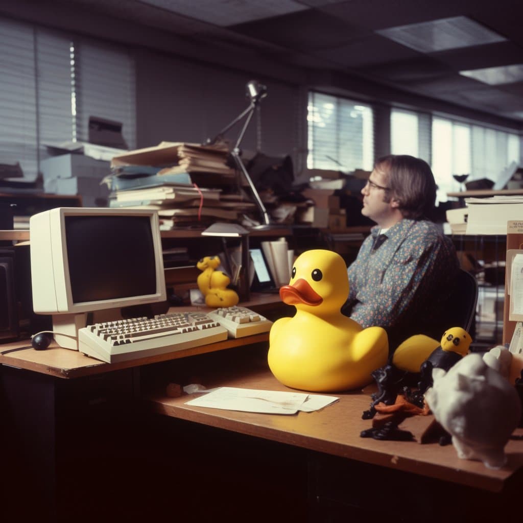 A person sits at a cluttered office desk next to a vintage computer, with a large yellow rubber duck prominently placed on the desk in front of them. The scene includes stacks of papers, a desk lamp, and other small figurines, evoking a retro workspace.