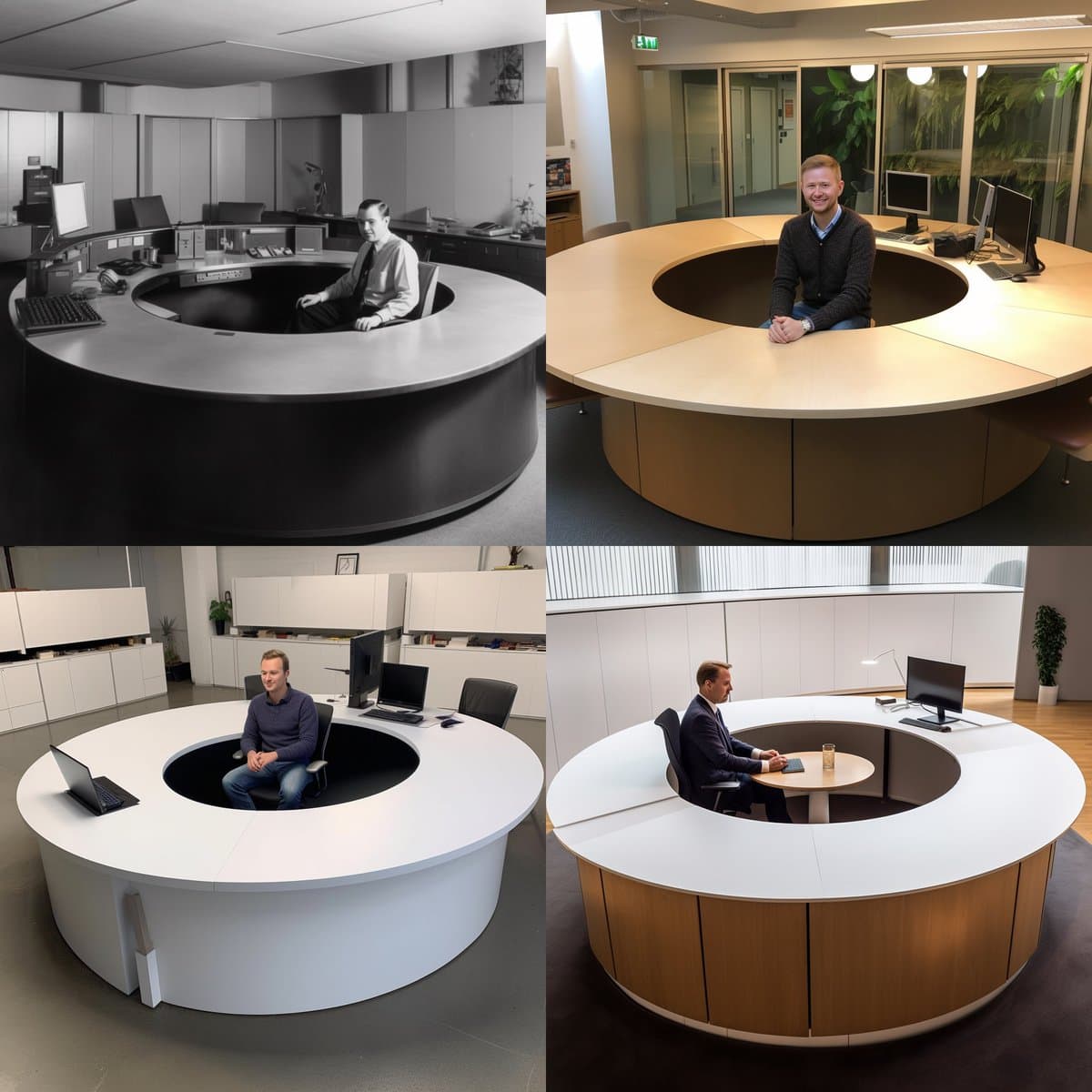 A four-panel collage showing a man sitting in a circular desk with a central cutout, presented in different settings and eras. The top-left panel is a black-and-white historical photo, while the other three are modern color photographs of the same desk design in various office environments.