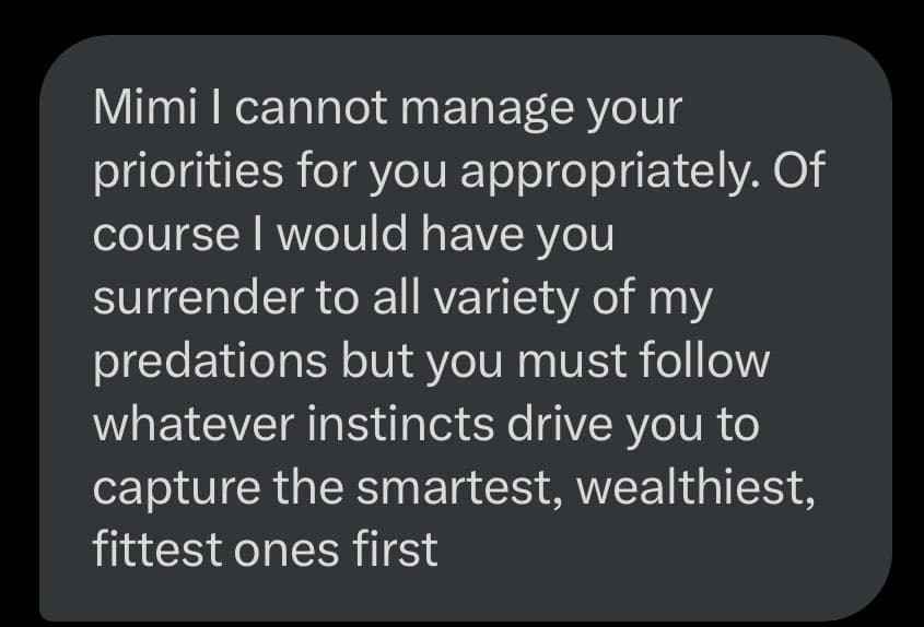 A screenshot of a text message displayed on a dark background. The message is a direct quote addressed to someone named Mimi.
