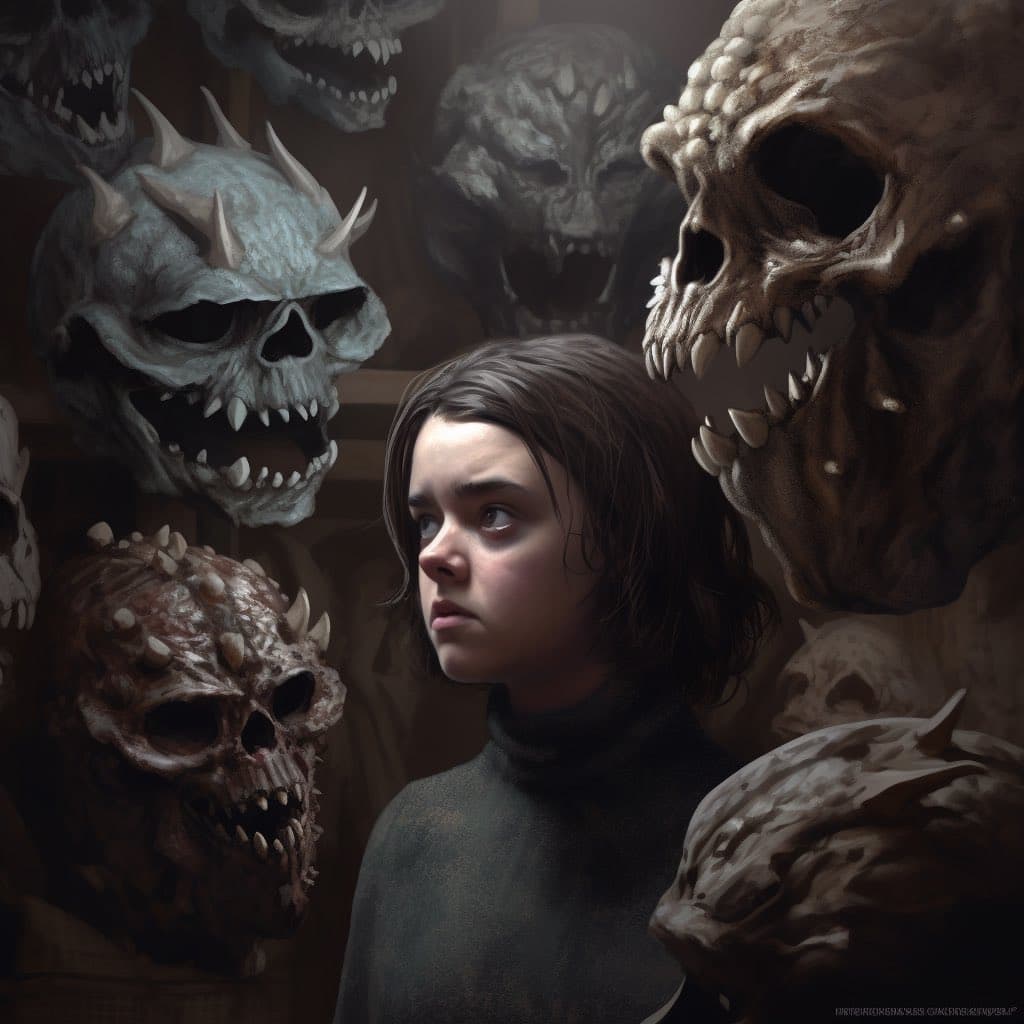 A digital illustration of a young person with short brown hair standing in a dimly lit room, looking up at a collection of large, monstrous skull masks mounted on the walls. The masks have sharp teeth, horns, and bumpy textures, resembling fantasy creatures.