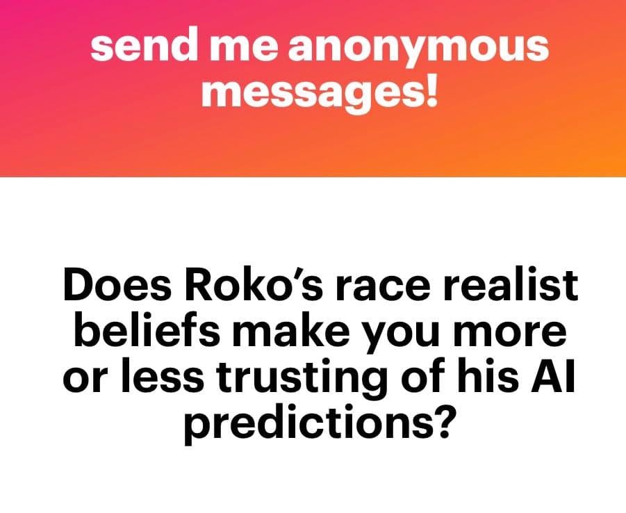 A text-based social media graphic featuring a red-to-orange gradient header and a white body. The image poses a question about a person's beliefs and their AI predictions.