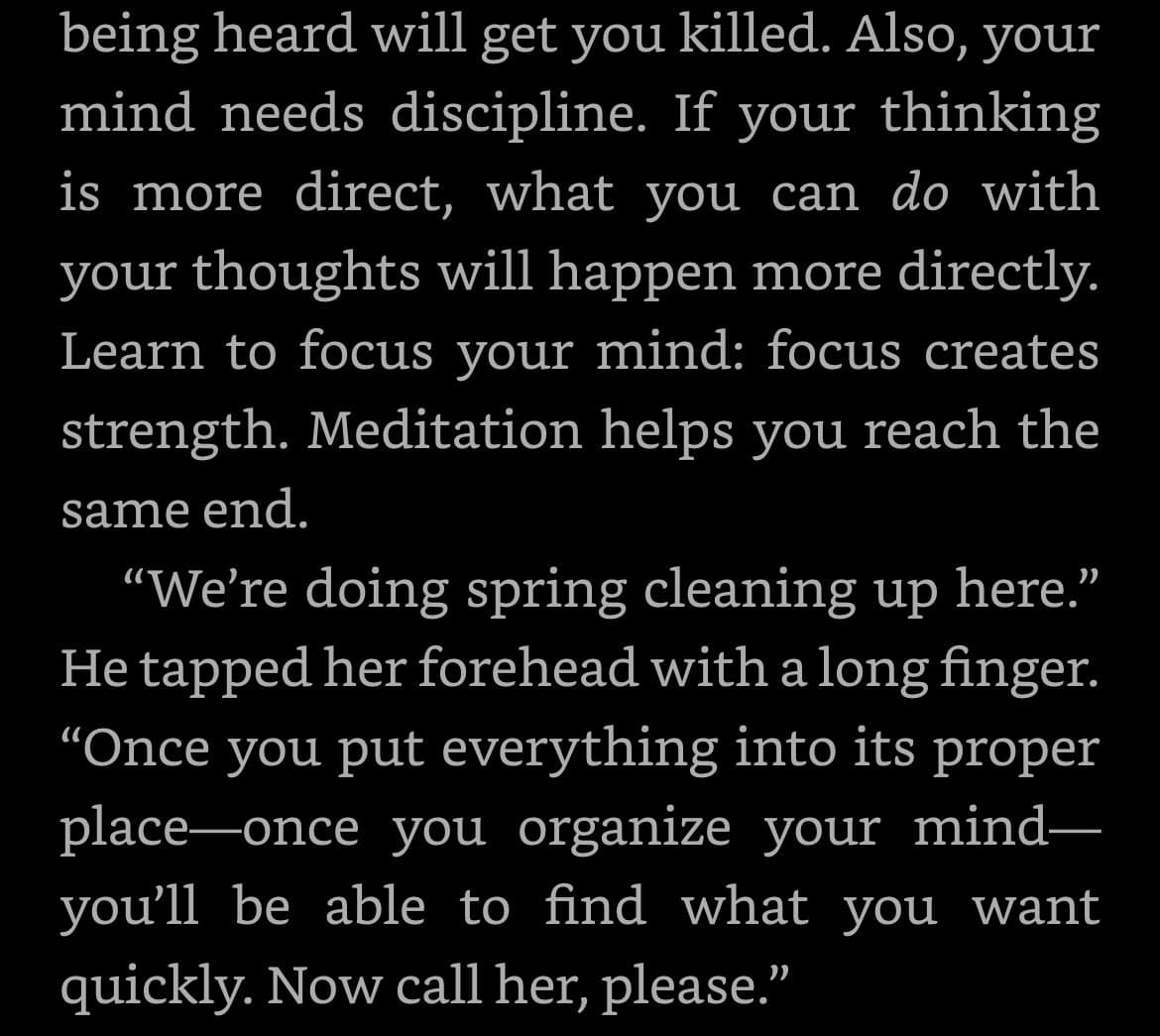 A text-only image featuring a passage from a book displayed in white font on a black background. The excerpt discusses mental discipline, focus, and organizing one's thoughts.