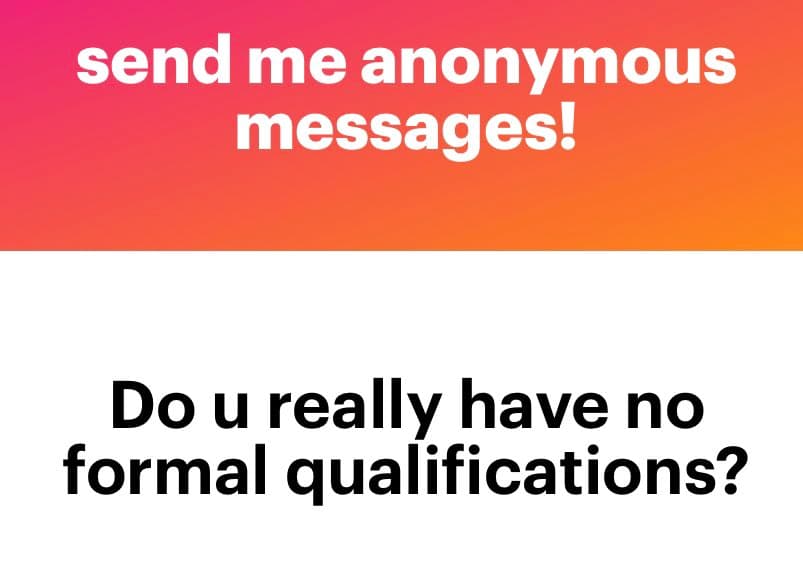 A two-panel meme image. The top panel has a pink-to-orange gradient background with white text, and the bottom panel has a white background with black text.