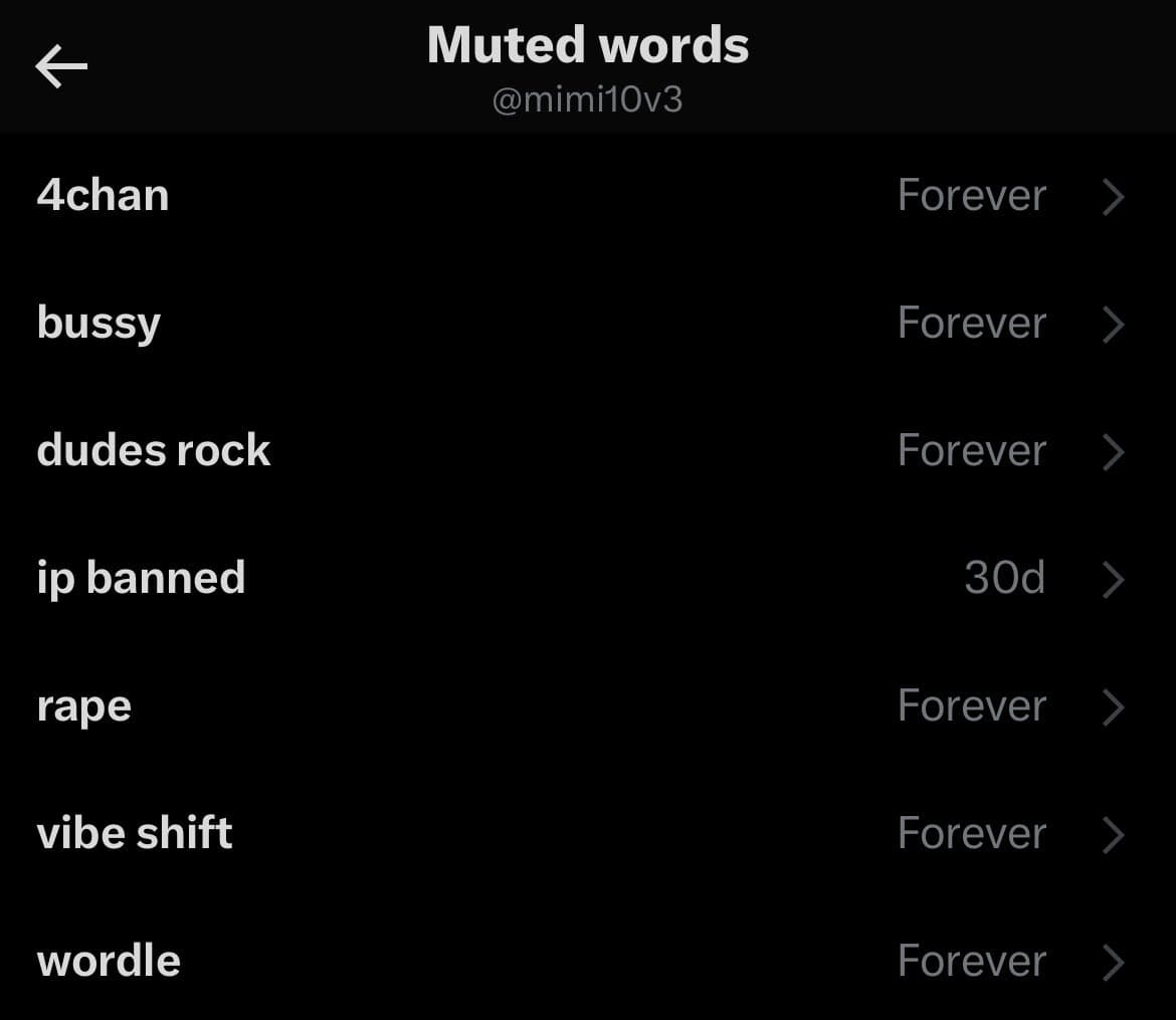 A screenshot of a Twitter 'Muted words' settings page for the account @mimi10v3, listing several muted terms and their duration. The list includes words such as '4chan', 'bussy', 'dudes rock', 'ip banned', 'rape', 'vibe shift', and 'wordle', with most set to mute 'Forever' and 'ip banned' set to '30d'.