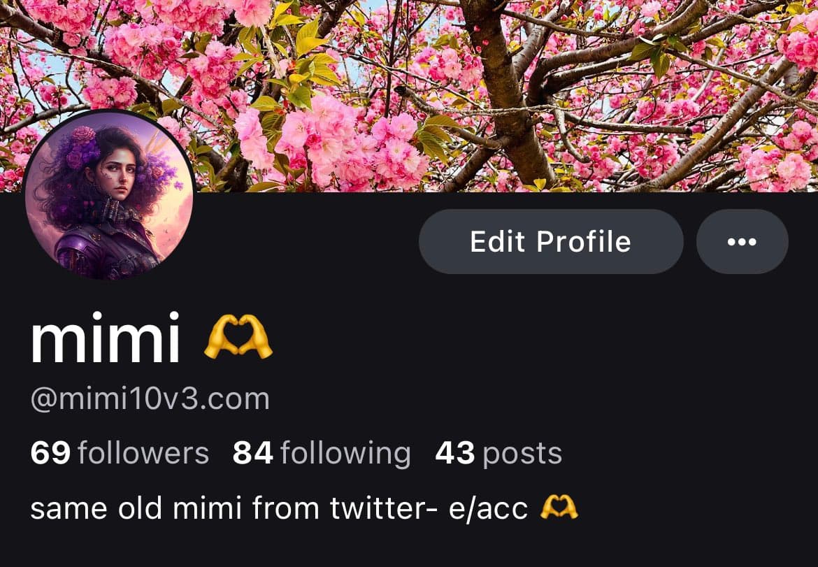 A screenshot of a social media profile page featuring a cherry blossom background and a circular avatar of a woman with purple flowers in her hair. The profile name is "mimi" with a heart-hands emoji, and the handle is @mimi10v3.com.