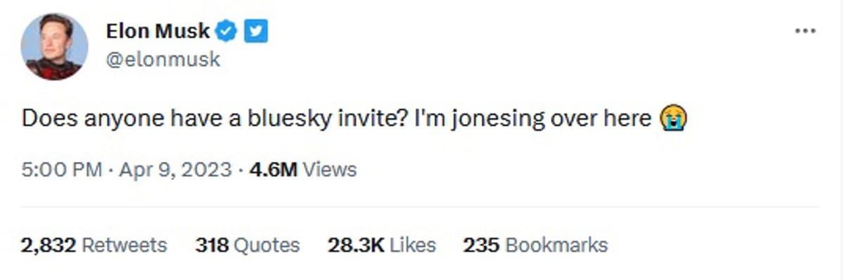 A screenshot of a tweet from Elon Musk's verified Twitter account. The tweet asks for a Bluesky invite and includes engagement statistics.