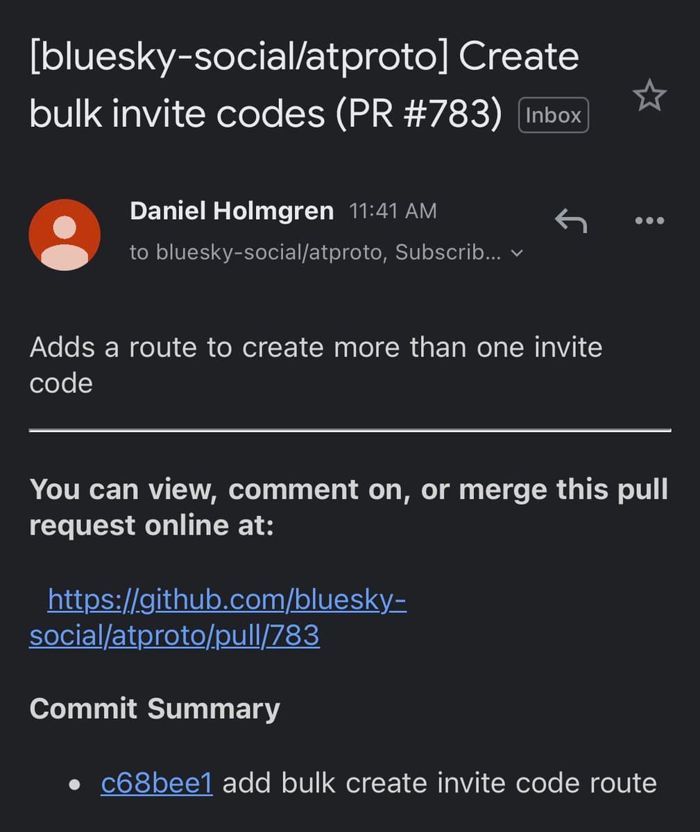 A screenshot of a GitHub pull request notification email. The email is from Daniel Holmgren and details a new route for creating bulk invite codes for the bluesky-social/atproto project.