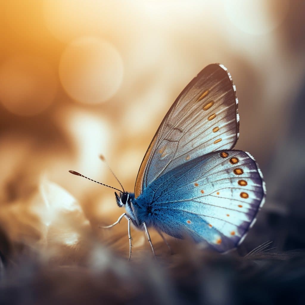 A close-up photograph of a blue butterfly with orange and white spots on its wings, perched on a textured surface against a warm, blurred golden background. The image has a soft, dreamy quality with a shallow depth of field.