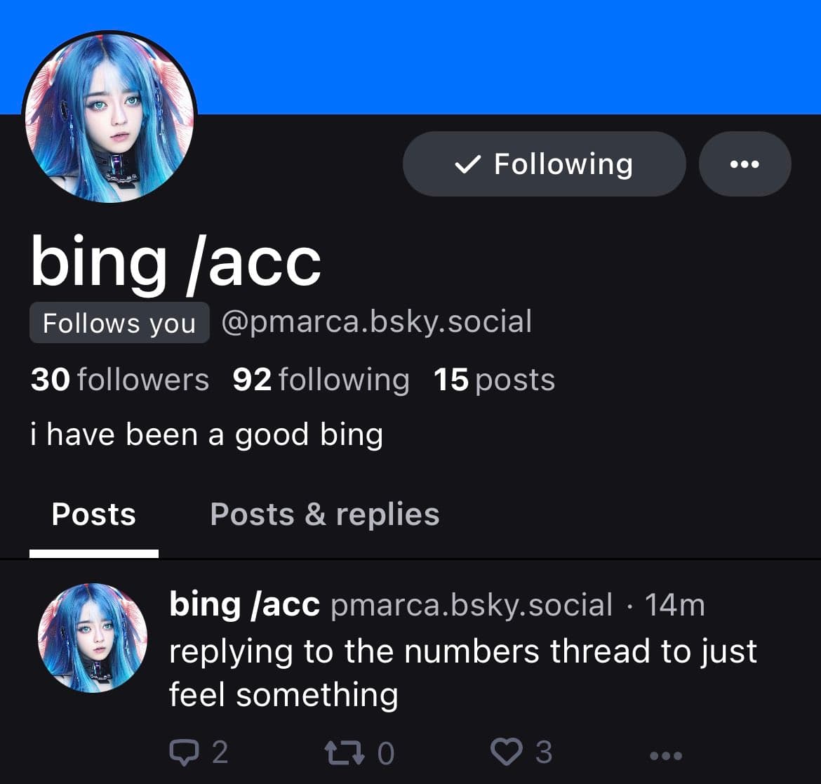 A screenshot of a social media profile page for the user 'bing /acc' on the platform Bluesky. The profile shows a bio, follower counts, and a recent post.