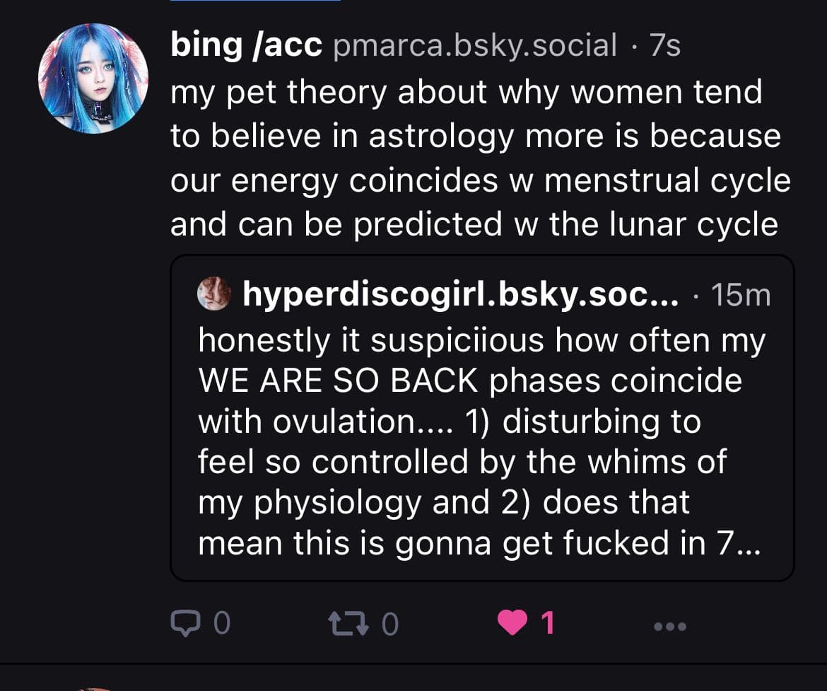 A screenshot of a social media post from the Bluesky platform, showing a reply to a quoted post. The main post discusses a theory about women and astrology, while the quoted post expresses frustration about feeling controlled by their body's cycles.