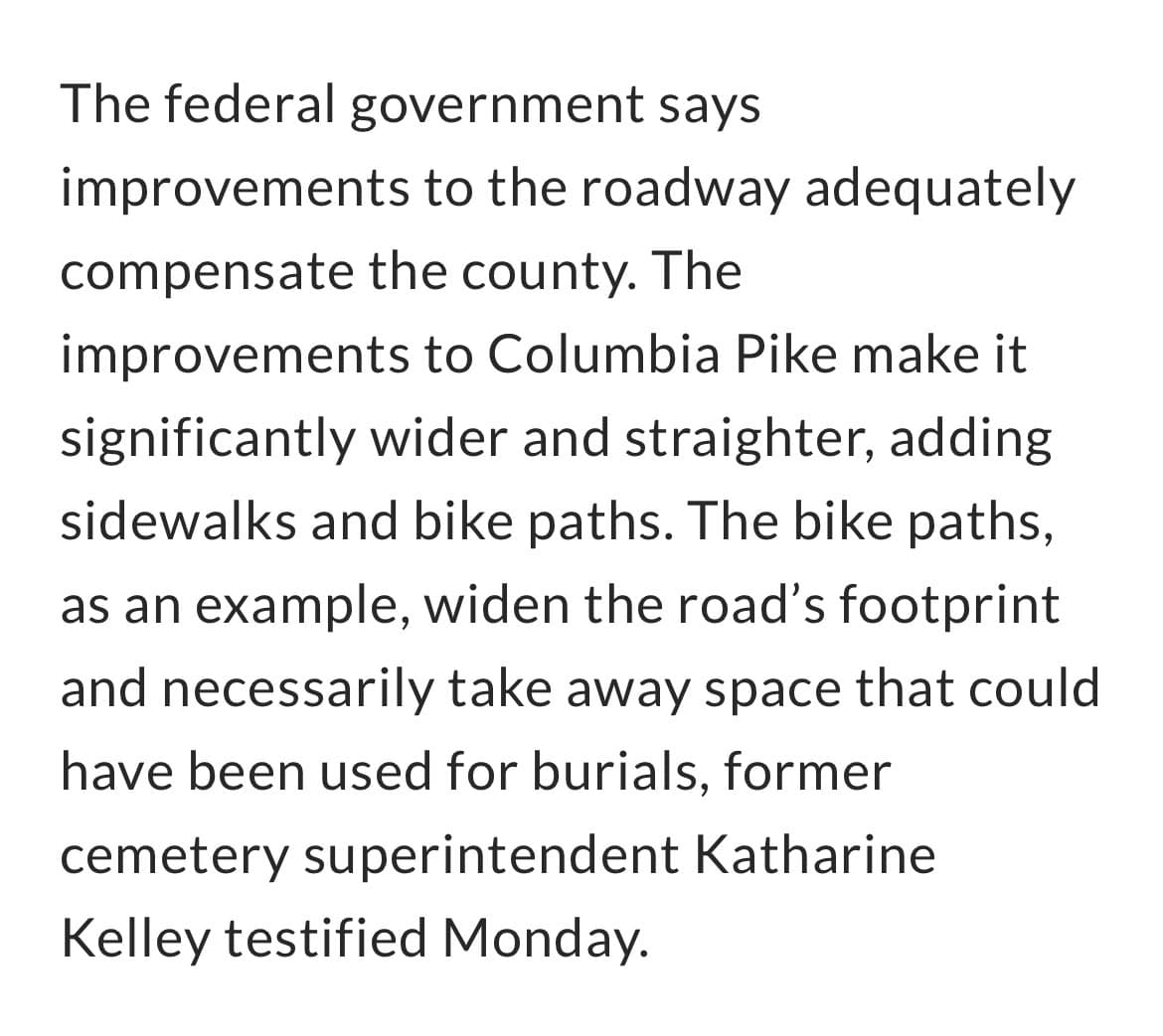 A text-only image displaying a paragraph of black text on a white background. The text is a news excerpt discussing federal government statements about roadway improvements to Columbia Pike, including the addition of sidewalks and bike paths, and a quote from cemetery superintendent Katharine Kelley.