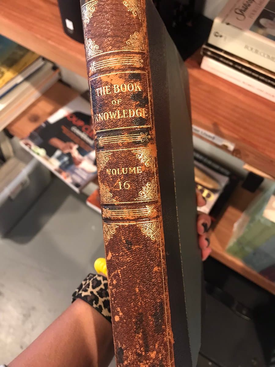 A close-up photograph of a person holding a large, antique-looking book with a brown, textured spine in a bookstore. The background shows blurred wooden shelves filled with other books.