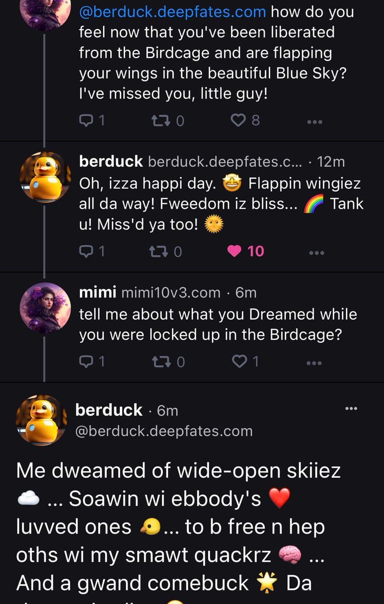 A screenshot of a conversation on the social media platform Bluesky, featuring a user named 'berduck' (a yellow duck avatar) interacting with other users about being 'liberated' from a 'Birdcage'.