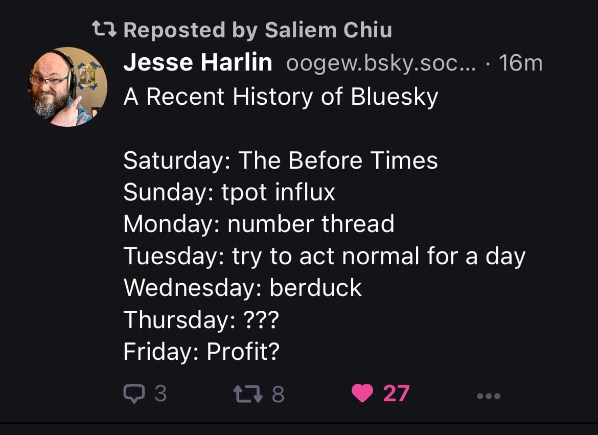 A screenshot of a social media post from the Bluesky platform, showing a reposted text post by user Jesse Harlin. The post is a humorous, day-by-day summary of events on the platform.
