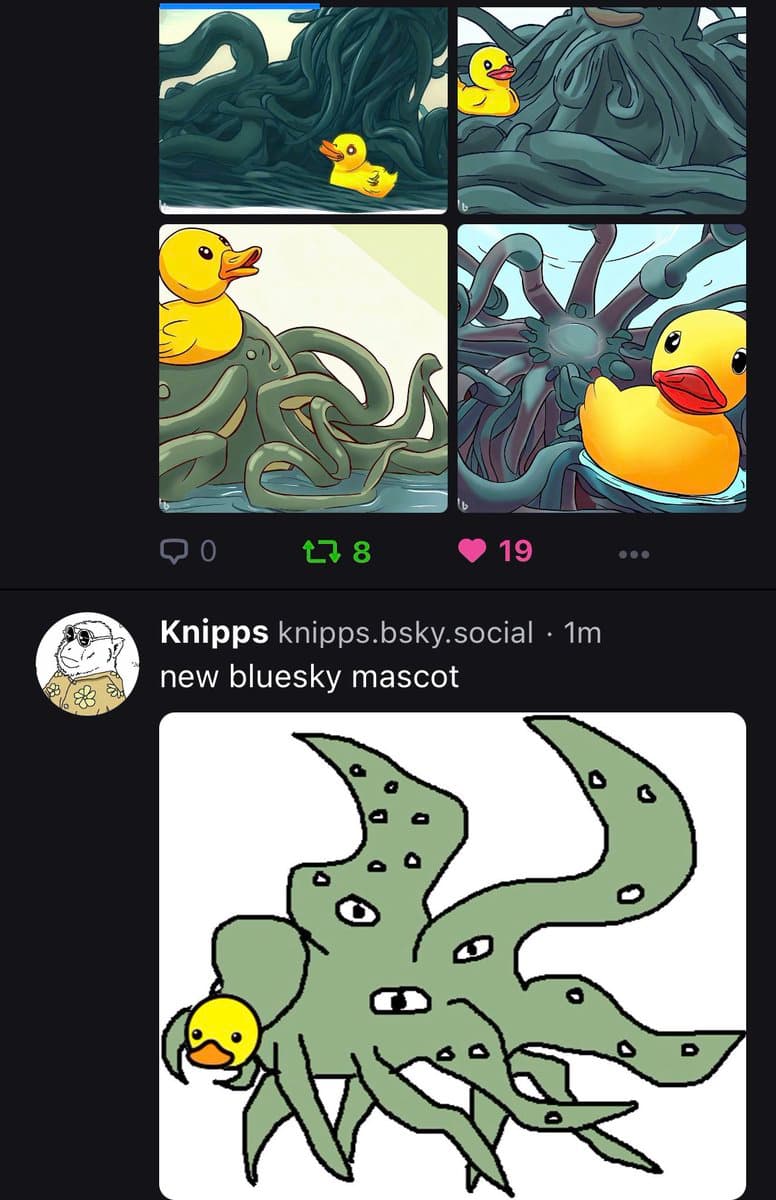 A screenshot of a social media feed showing a post by user Knipps featuring a cartoon illustration of a green, multi-tentacled monster holding a yellow rubber duck. The post includes the caption 'new bluesky mascot' and is displayed below a previous post containing a four-panel comic of a rubber duck and a similar monster.