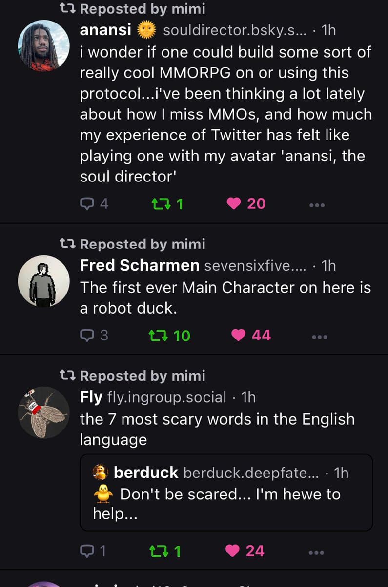 A screenshot of a social media feed (Bluesky) showing three consecutive posts, all marked as 'Reposted by mimi'. The posts discuss the platform's features and user avatars, with one user noting their avatar is a 'soul director' and another stating the first main character is a 'robot duck'.