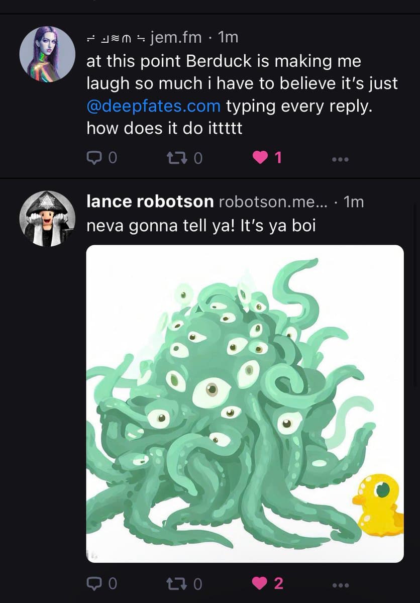 A screenshot of a social media conversation showing a reply to a post about 'Berduck'. The reply, from user 'lance robotson', includes a digital illustration of a large, green, multi-eyed octopus-like creature looming over a small yellow rubber duck.